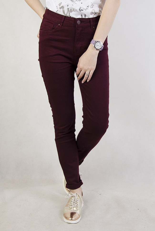 (Rozmiary L-4 XL) Bordowe przylegające spodnie z wysokim stanem
