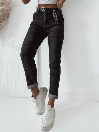 CZARNE SPODNIE JEANSOWE MOM FIT Z WYSOKIM STANEM+ PASEK ZE WSTĄŻKĄ