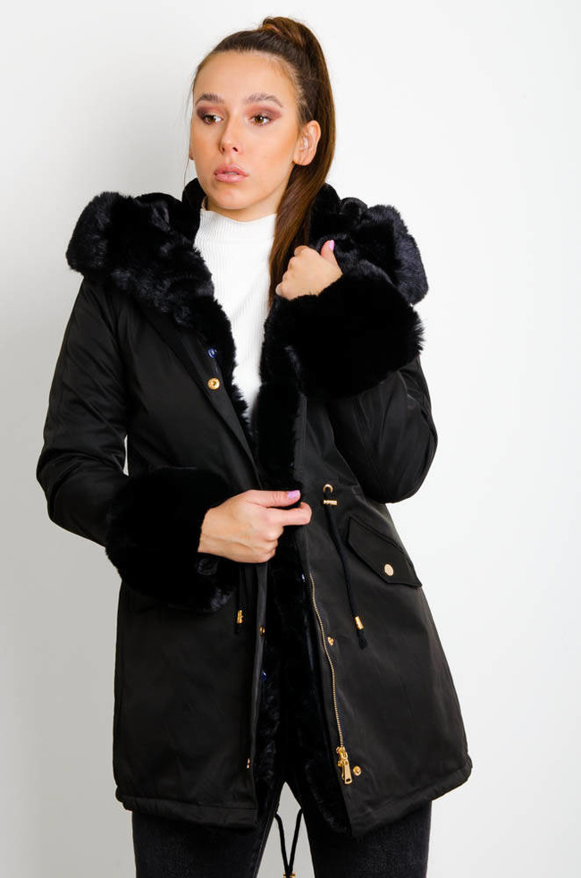 CZARNA KURTKA PARKA ZIMOWA Z ODPINANYM FUTERKIEM