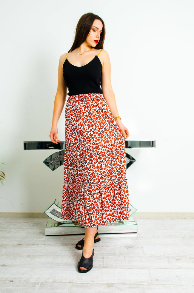 DŁUGA BIAŁO CZERWONA SPÓDNICA MAXI W KWIATY