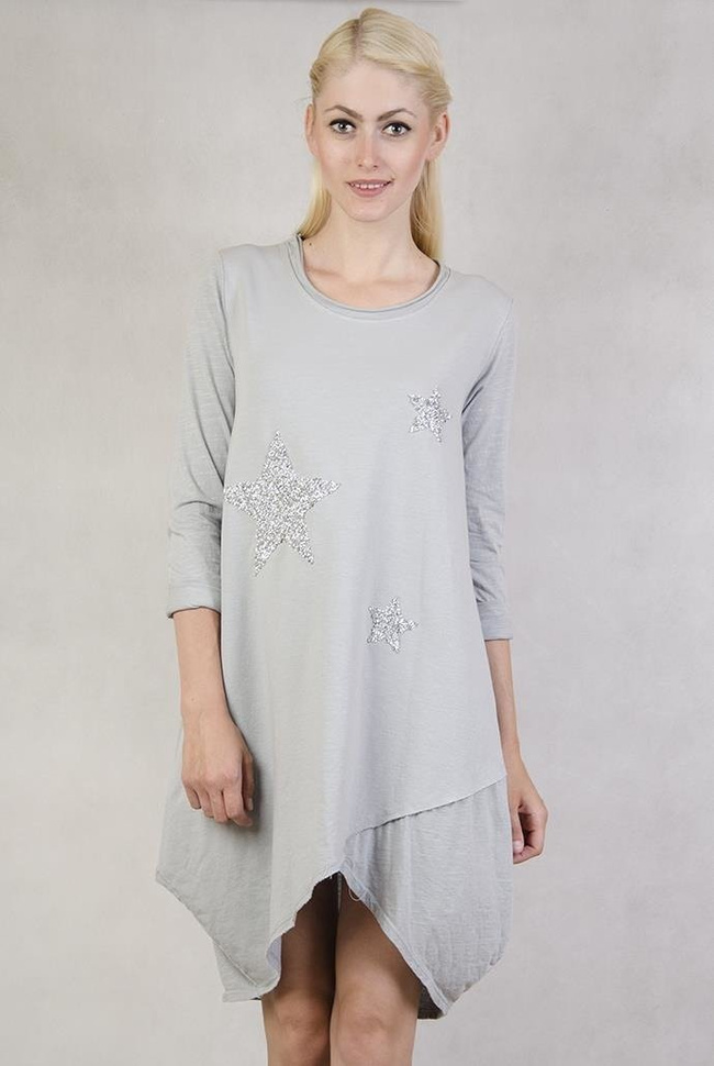 Asymetryczna tunika z gwiazdkami szara
