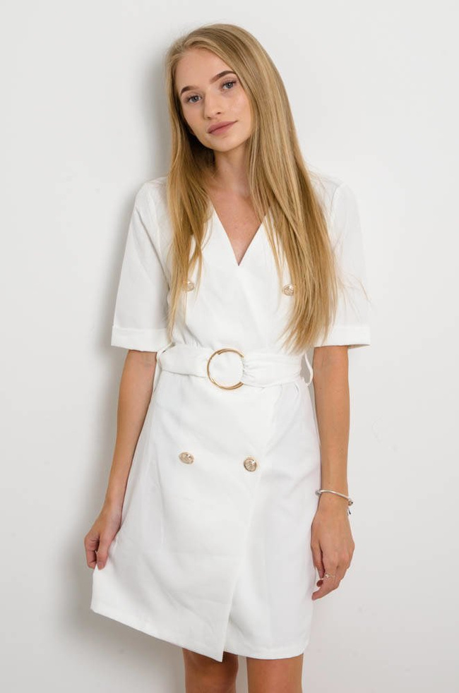 ELEGANCKA GARNITUROWA SUKIENKA Z OZDOBNYMI GUZIAKMI SZMIZJERKA -BIAŁA