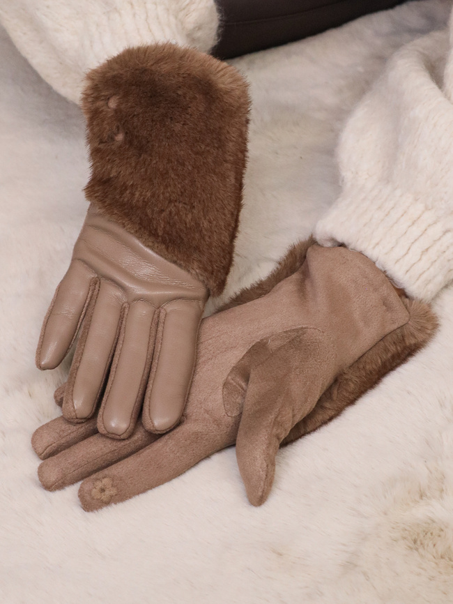 RĘKAWICZKI OCIEPLANE Z EKOSKÓRY I ZAMSZU Z FUTERKIEM- BRĄZOWE