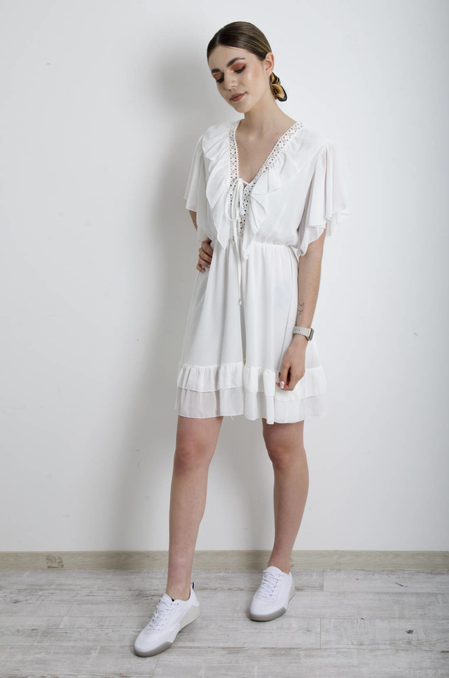 SUKIENKA SZYFONOWA Z AŻUROWYM DEKOLTEM BIAŁA