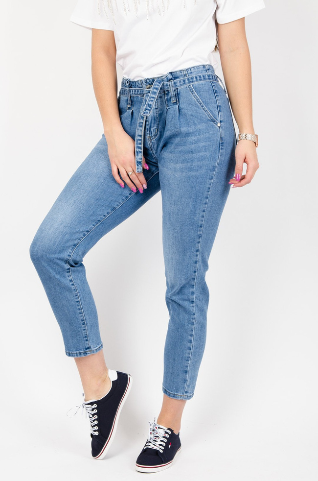 SPODNIE JEANSOWE Z WYSOKIM STANEM WIĄZANE W PASIE