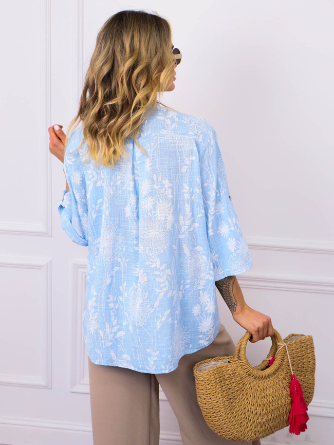 BLUZKA KOSZULOWA W KWIECISTE WZORY- NIEBIESKA