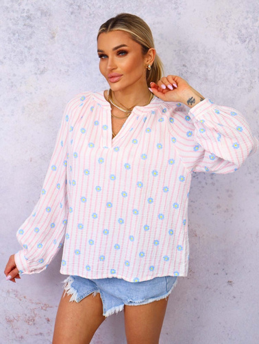 BLUZKA KOSZULOWA W PASKI I KWIATKI- RÓŻOWA