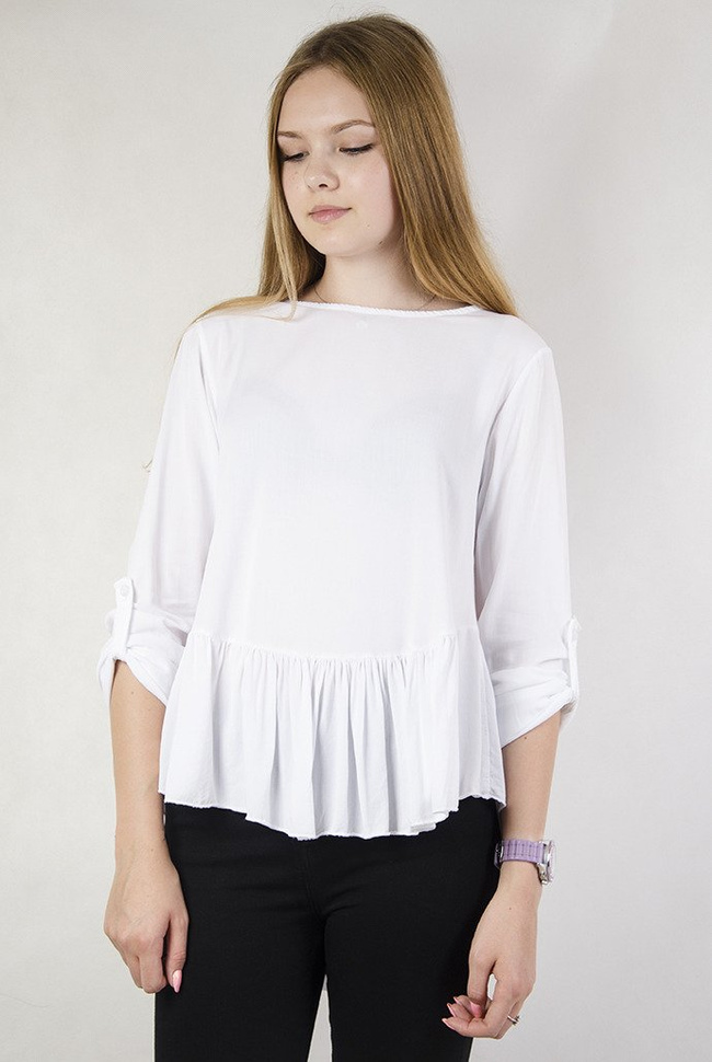 Biała, asymetryczna bluzka z odcięciem na dole