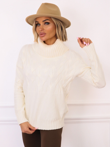 SWETER OZDOBNIE PLECIONY Z GOLFEM- ECRU