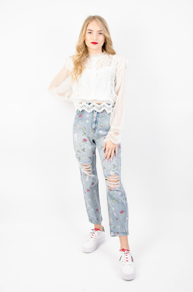 BIAŁA KORONKOWA BLUZKA Z TIULOWYMI RĘKAWAMI