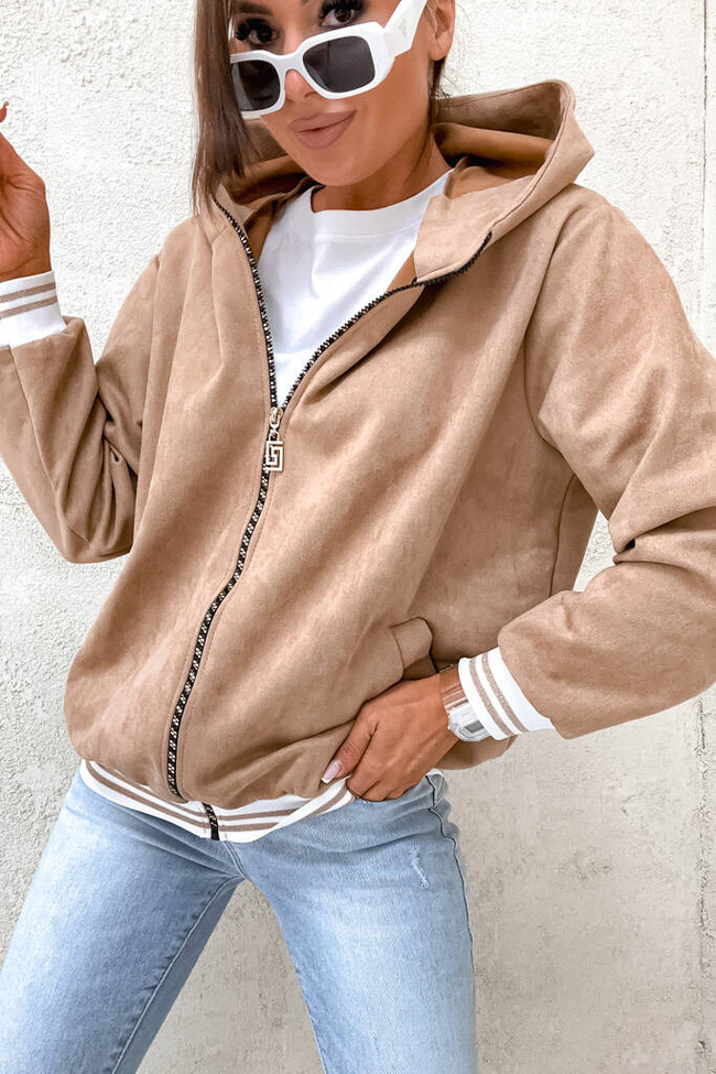 BLUZA ZAMSZOWA Z KONTRASTOWYMI ŚCIĄGACZAMI- JASNY BRĄZ