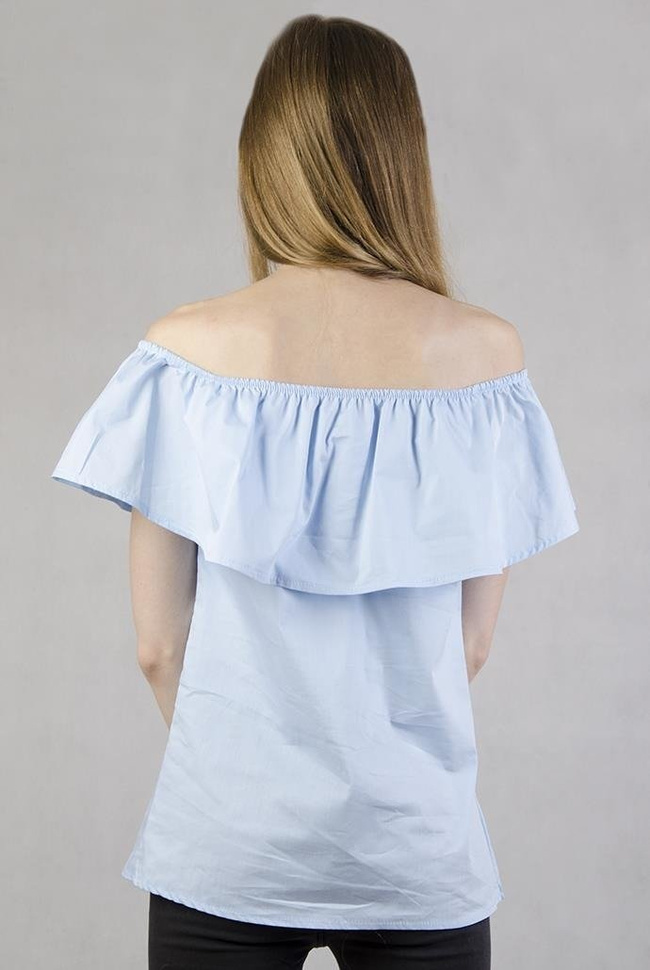 Błękitna bluzka z hiszpańskim dekoltem