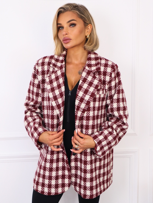 PŁASZCZ MARYNARKA W KRATKĘ ZAPINANY NA GUZIKI- BORDOWY