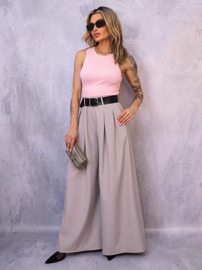 CIEMNO BEŻOWE ELEGANCKIE SPODNIE Z SZEROKIMI NOGAWKAMI+ PASEK