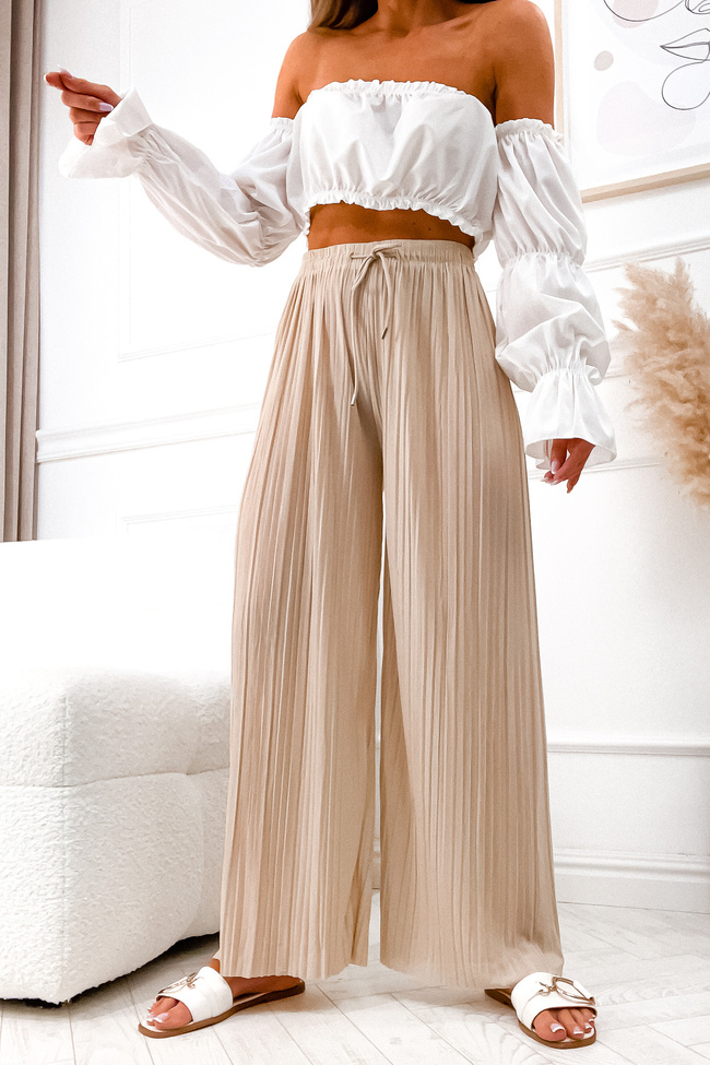 BEŻOWE SPODNIE Z SZEROKIMI PLISOWANYMI NOGAWKAMI-WYSOKI STAN