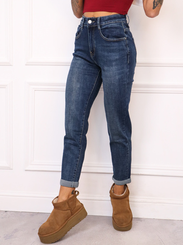 SPODNIE MOM FIT  Z OZDOBNYM PRZESZYCIEM NA KIESZENI-GRANATOWE