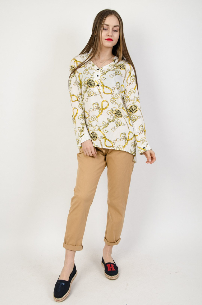 Kremowa bluzka koszulowa w żółte wzory 