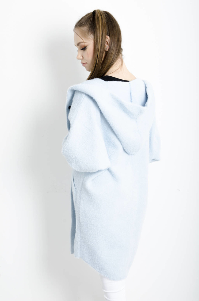 PŁASZCZ DŁUGI WEŁNIANY ALPAKA Z KAPTUREM- BŁĘKITNY