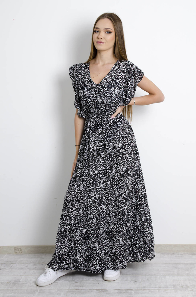 SUKIENKA MAXI W KWIATKI Z FALBANAMI PRZY RĘKAWACH- CZARNA