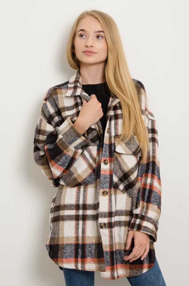 KURTKA KOSZULOWA W KRATĘ - BRĄZOWA