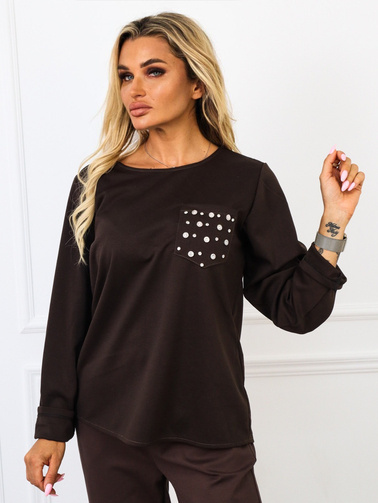 BAWEŁNIANA BLUZKA Z KIESZENIĄ W OZDOBNE KWIATY CYRKONIE- BRĄZOWA