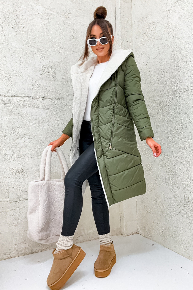 DŁUGA DWUSTRONNA KURTKA Z FUTERKIEM- ZIELONA