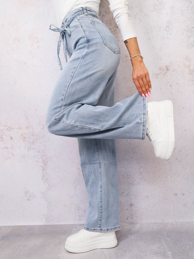 SPODNIE JEANSOWE Z SZEROKIMI NOGAWKAMI I WIĄZANIEM W PASIE- NIEBIESKIE