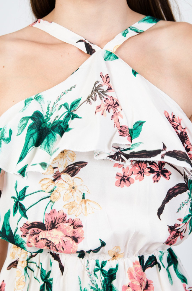 Kremowa sukienka pod szyję w kwiaty