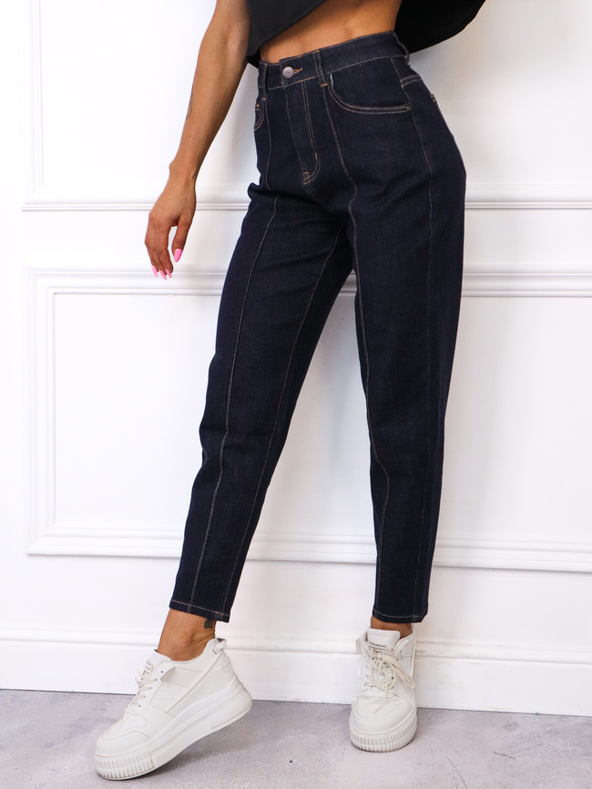 SPODNIE JEANSOWE MOM FIT Z PRZESZYCIAMI Z PRZODU NOGAWEK- GRANATOWE