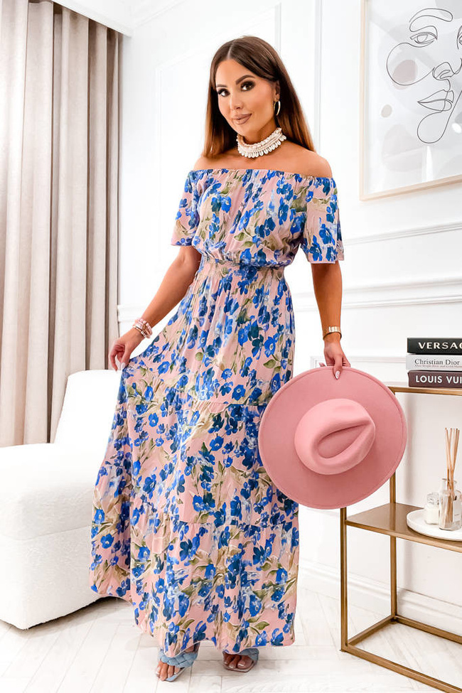 RÓŻOWA SUKIENKA MAXI Z GUMĄ W PASIE I MOTYWEM KWIATOWYM