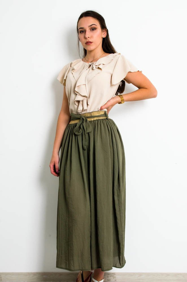 ZIELONA SPÓDNICA MAXI Z WIĄZANIEM-ZŁOTA GUMA W PASIE