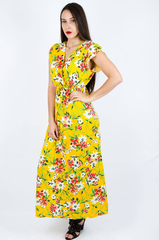 ŻÓŁTA SUKIENKA MAXI Z KOPERTOWYM DEKOLTEM