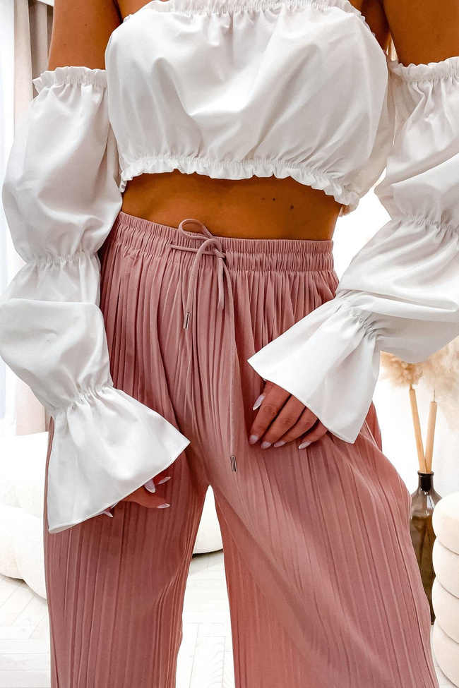 RÓŻOWE SPODNIE Z SZEROKIMI PLISOWANYMI NOGAWKAMI-WYSOKI STAN