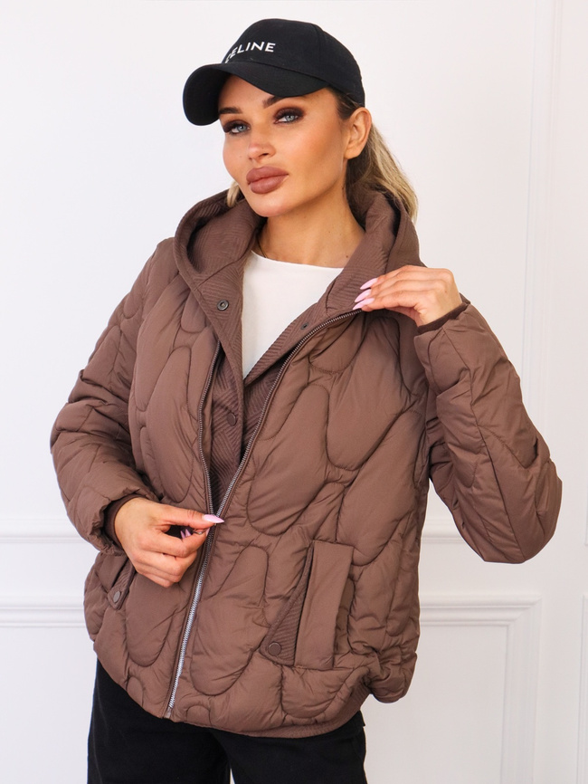 KURTKA PIKOWANA Z DZIANINOWYMI WSTAWKAMI- BRĄZOWA