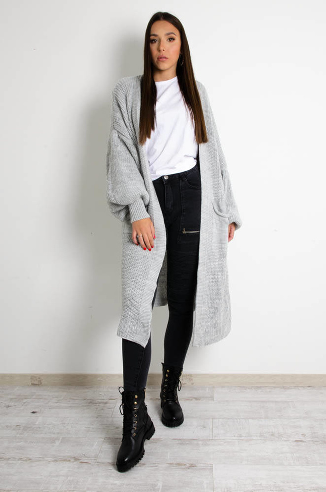 SZARY DŁUGI SWETER KARDIGAN Z SZEROKIMI RĘKAWAMI