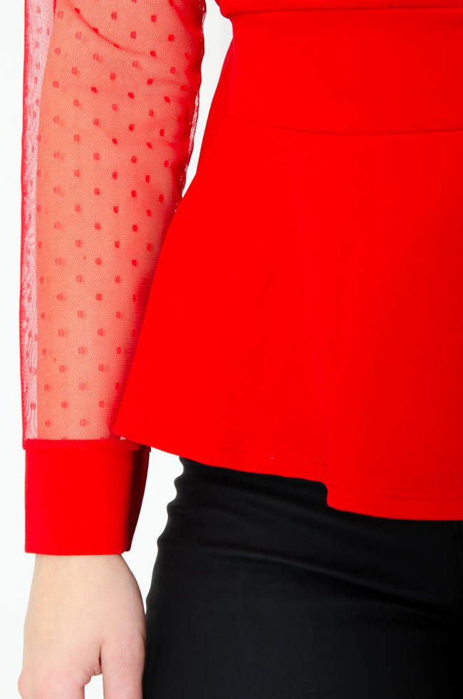 CZERWONA ELEGANCKA BLUZKA BASKINKA Z OZDOBNYMI GUZIKAMI 