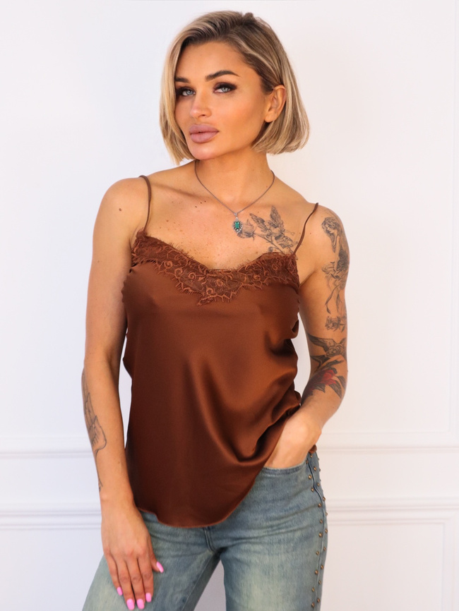 TOP SATYNOWY Z KORONKĄ NA RAMIĄCZKA-CZEKOLADOWY