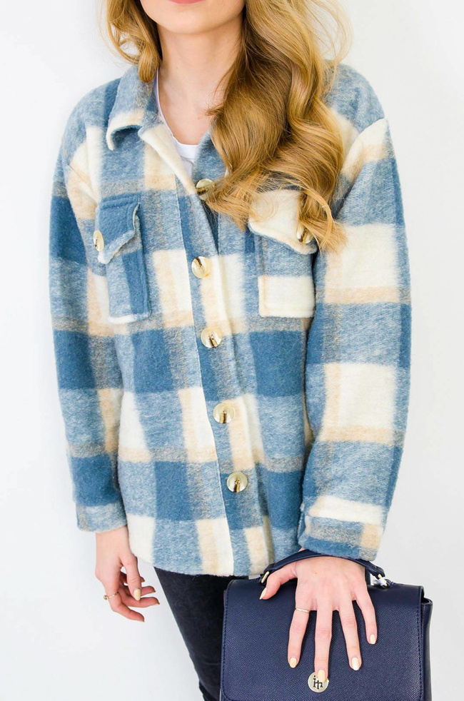 NIEBIESKI PŁASZCZ KOSZULA W KRATĘ