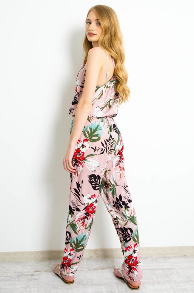 DŁUGI KOMBINEZON NA CIENKICH RAMIĄCZKACH W KWIATY - RÓŻOWY