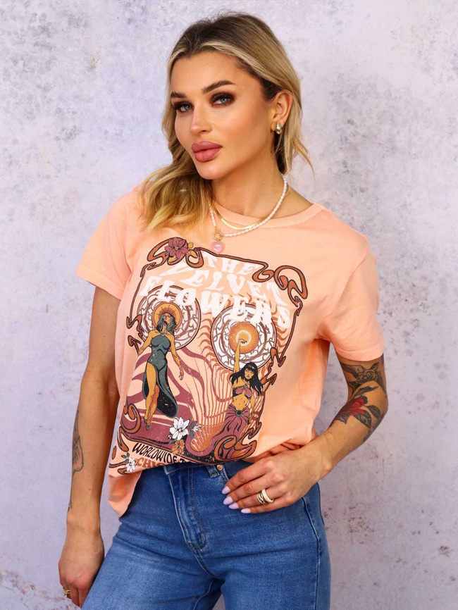 POMARAŃCZOWY DEKATYZOWANY T-SHIRT Z KOLOROWYM PRINTEM