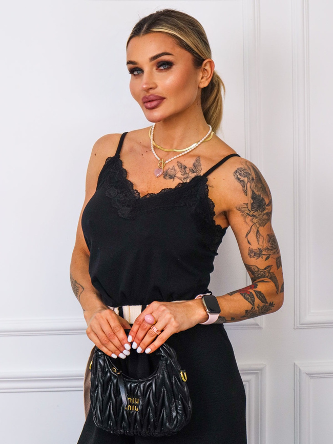 TOP NA RAMIĄCZKACH Z OZDOBNĄ KORONKĄ- CZARNY