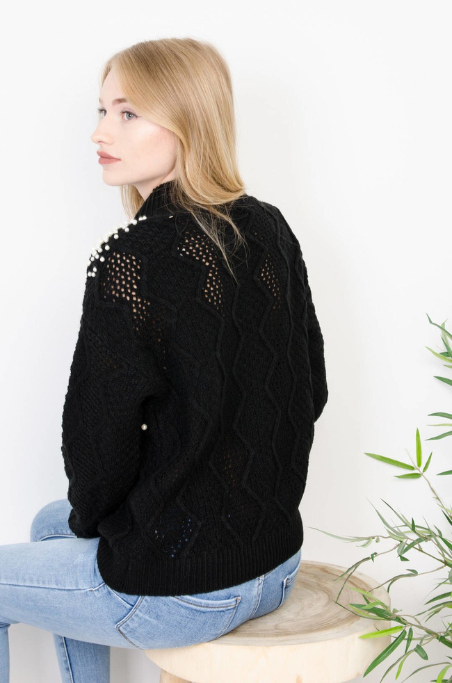CZARNY SWETER PÓŁGOLF Z PEREŁKAMI