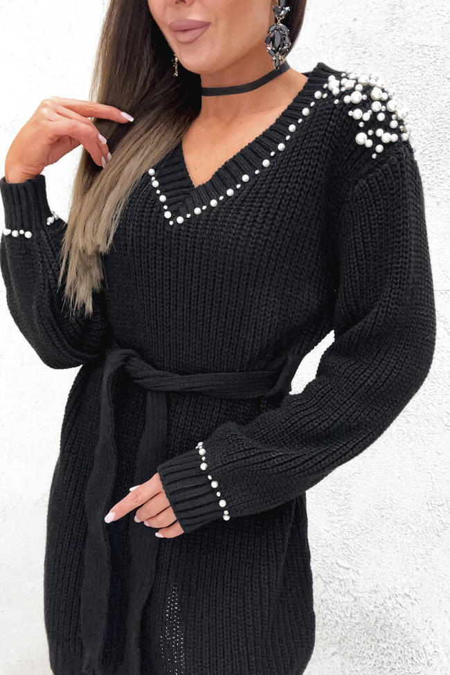 DŁUGI SWETER OVERSIZE Z KORALIKAMI I WIAZANIEM W PASIE- CZARNY