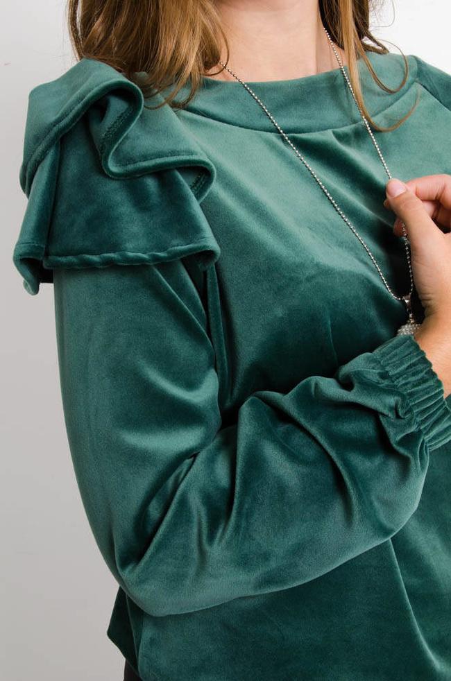 ZIELONA BLUZA WELUROWA Z FALBANKĄ