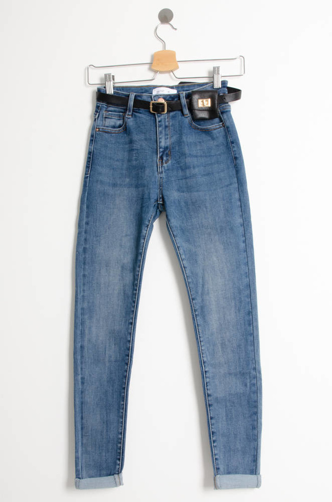 NIEBIESKIE SPODNIE JEANSOWE Z PASKIEM W ZESTAWIE-WYSOKI STAN