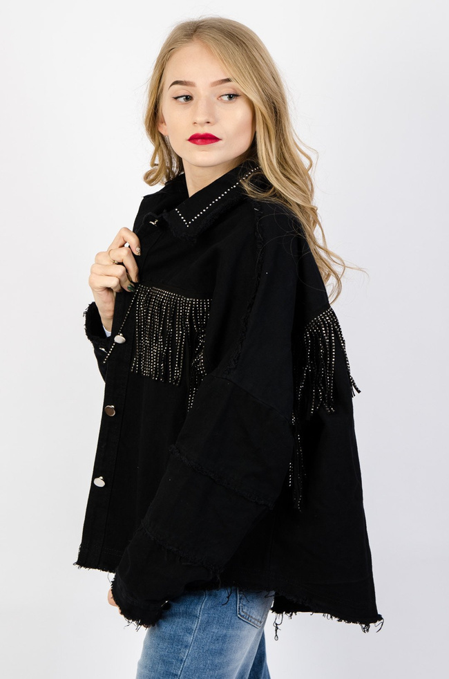 CZARNA KOSZULA JEANSOWA Z OZDOBNYMI FRĘDZLAMI