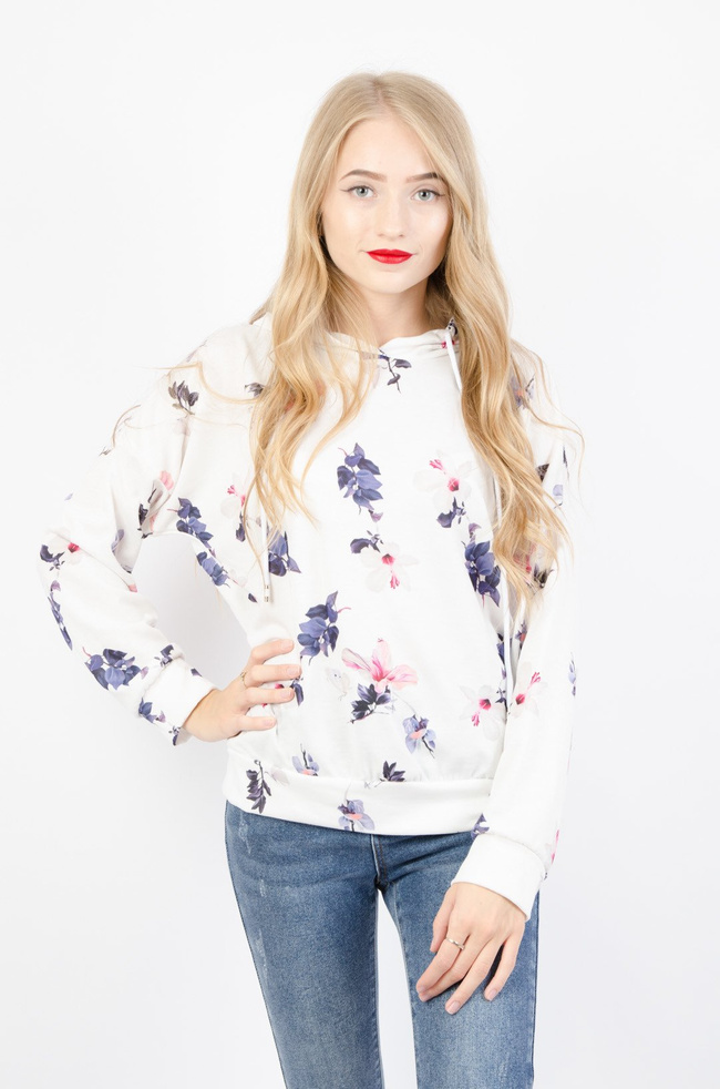 BIAŁA BLUZA Z KAPTUREM Z MOTYWEM KWIATOWYM