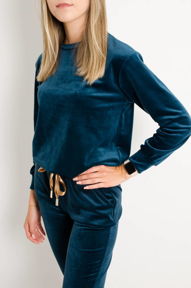 KOMPLET DRESOWY WELUROWY Z OZDOBNĄ NASZYWKĄ-  CIEMNY TURKUS