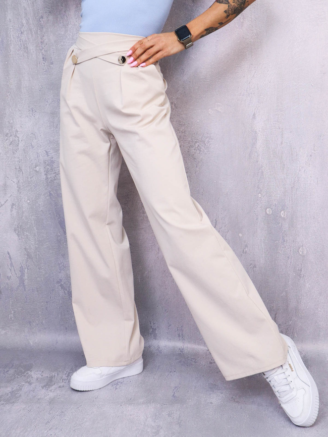 SPODNIE Z SZEROKIMI NOGAWKAMI I OZDOBNYMI PASKAMI- BEŻOWE