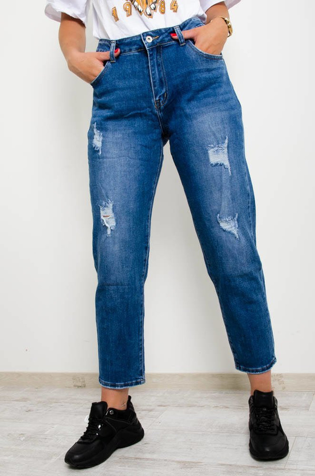 NIEBIESKIE JEANSY MOM FIT Z PRZETARCIAMI-WYSOKI STAN